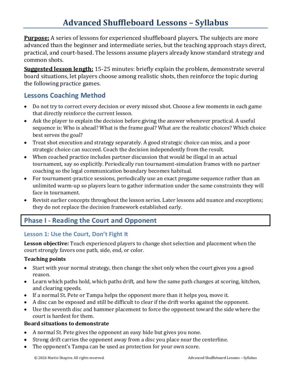 Advanced Shuffleboard Lessons – Syllabus PDF cover