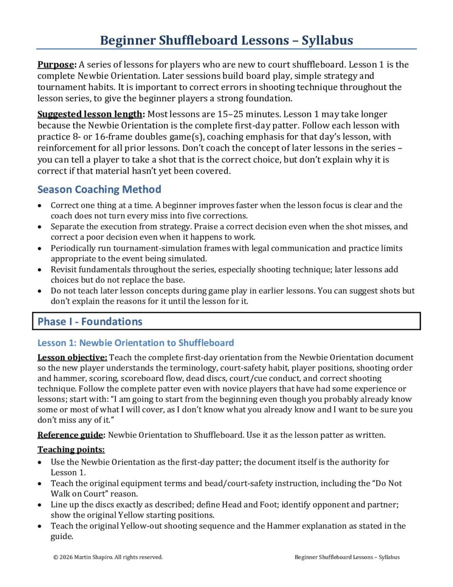 Beginner Shuffleboard Lessons – Syllabus PDF cover