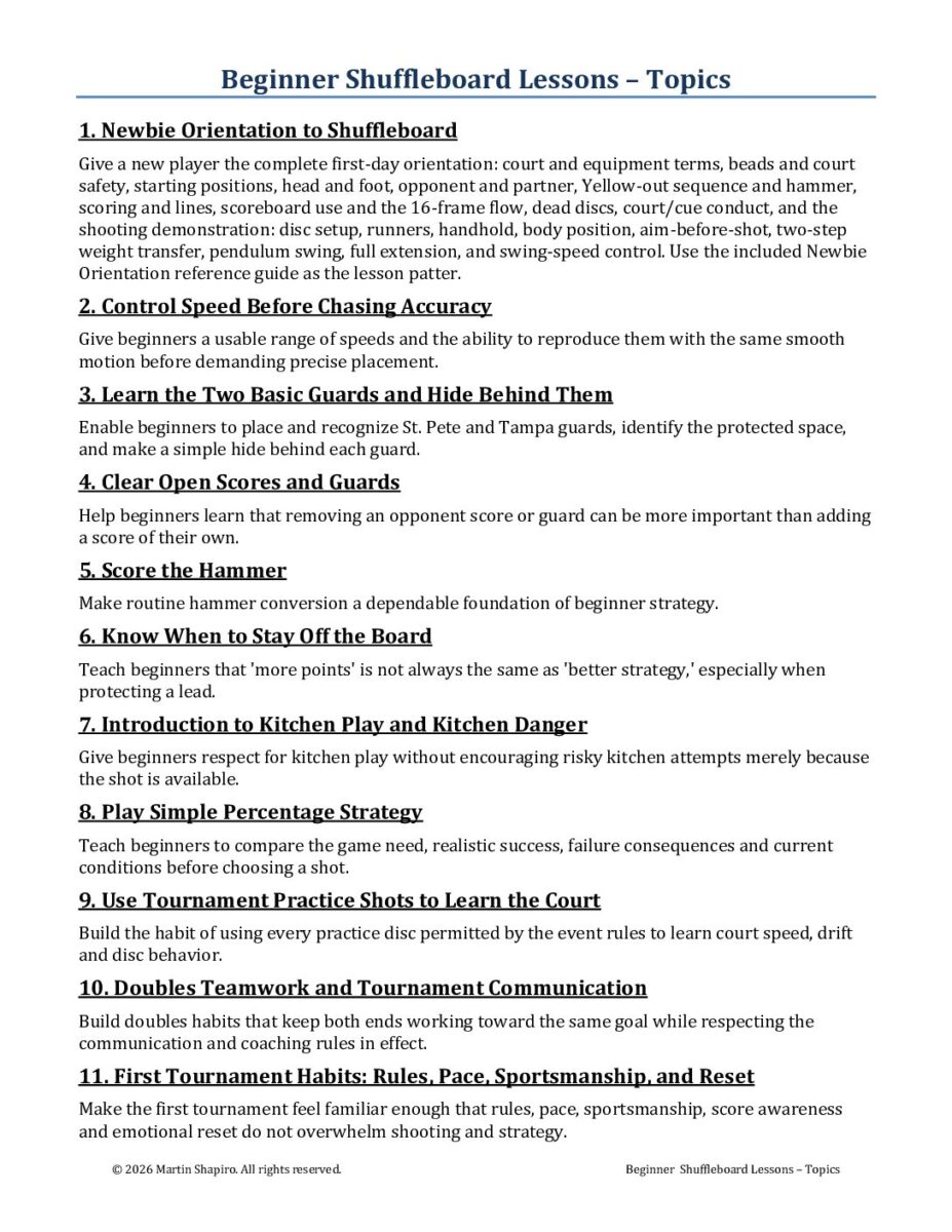 Beginner Shuffleboard Lessons – Topics PDF cover