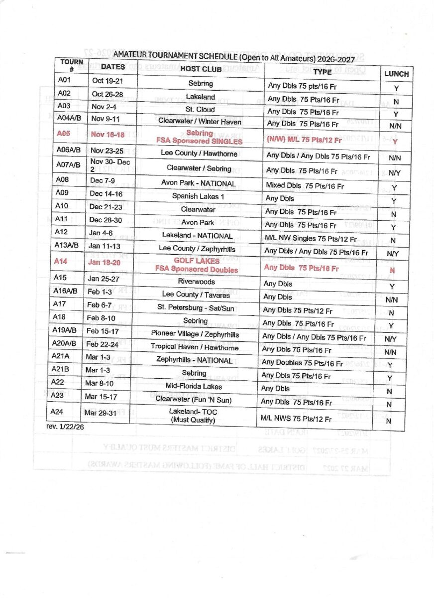 FSA State Amateur Tournament Schedule PDF cover