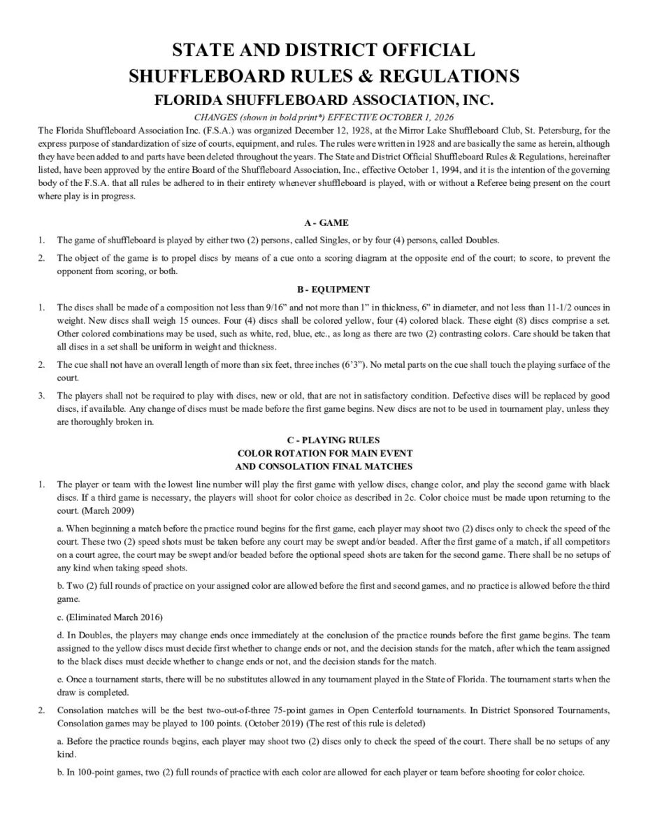 Florida Shuffleboard Association Rules PDF cover