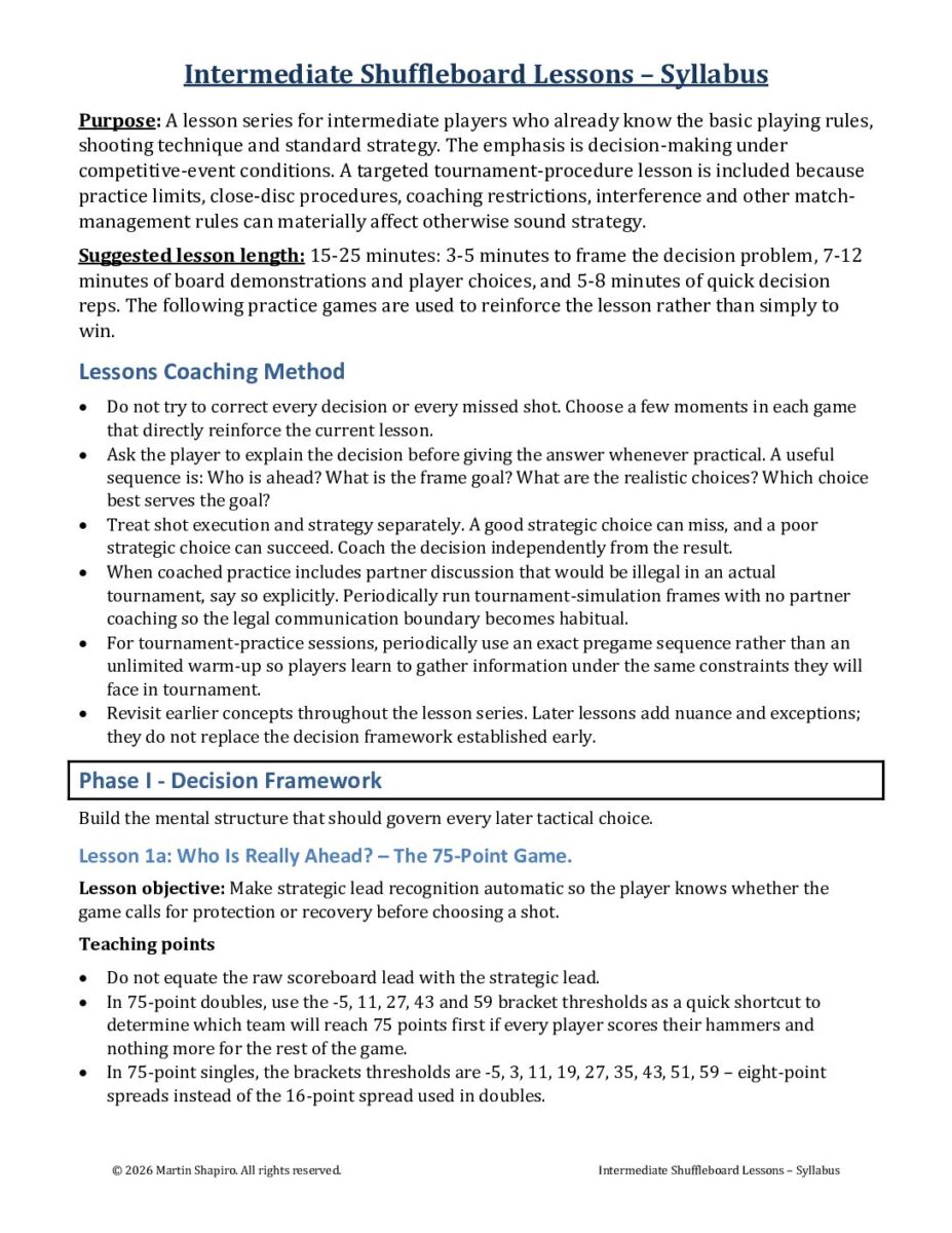 Intermediate Shuffleboard Lessons – Syllabus PDF cover