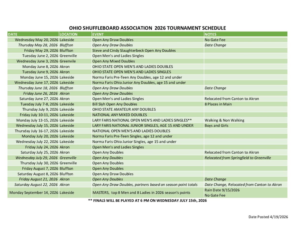 Ohio Shuffleboard Association Tournament Schedule PDF cover