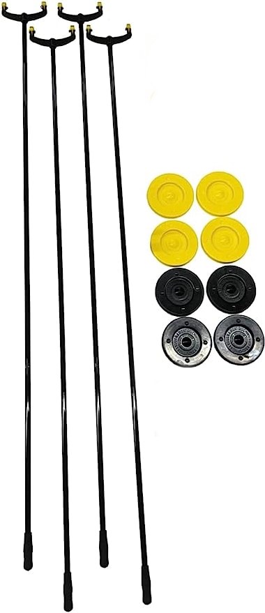 Court shuffleboard cues with four yellow discs and four black discs.
