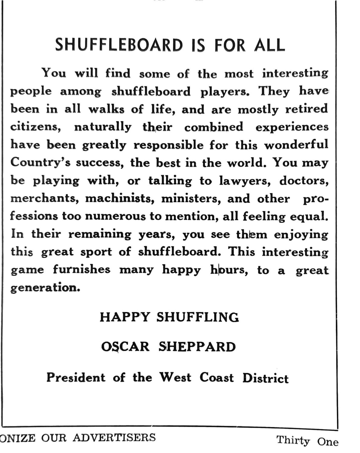 First page of the Preview Magazine article Shuffleboard is for All