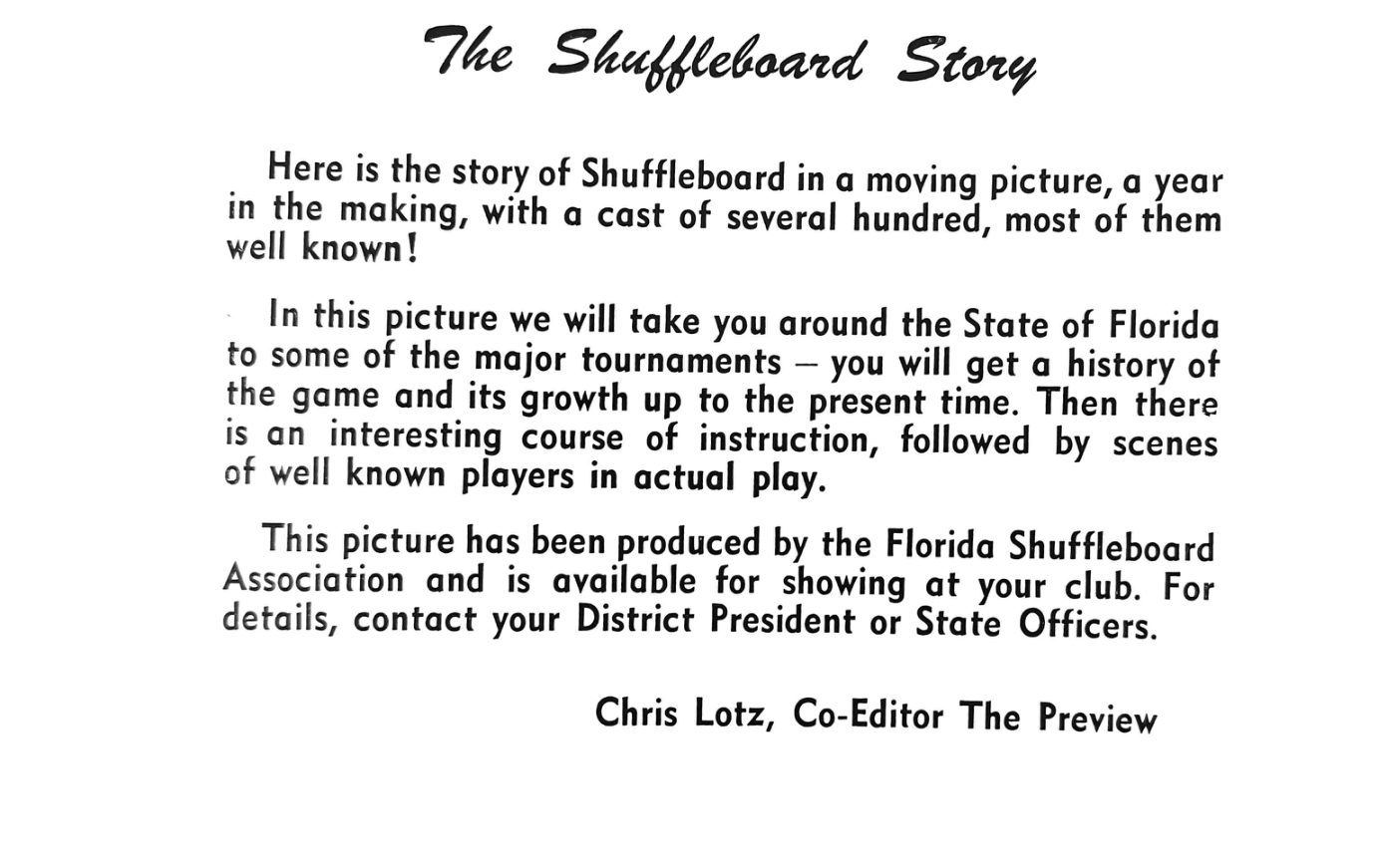 First page of the Preview Magazine article Shuffleboard Story