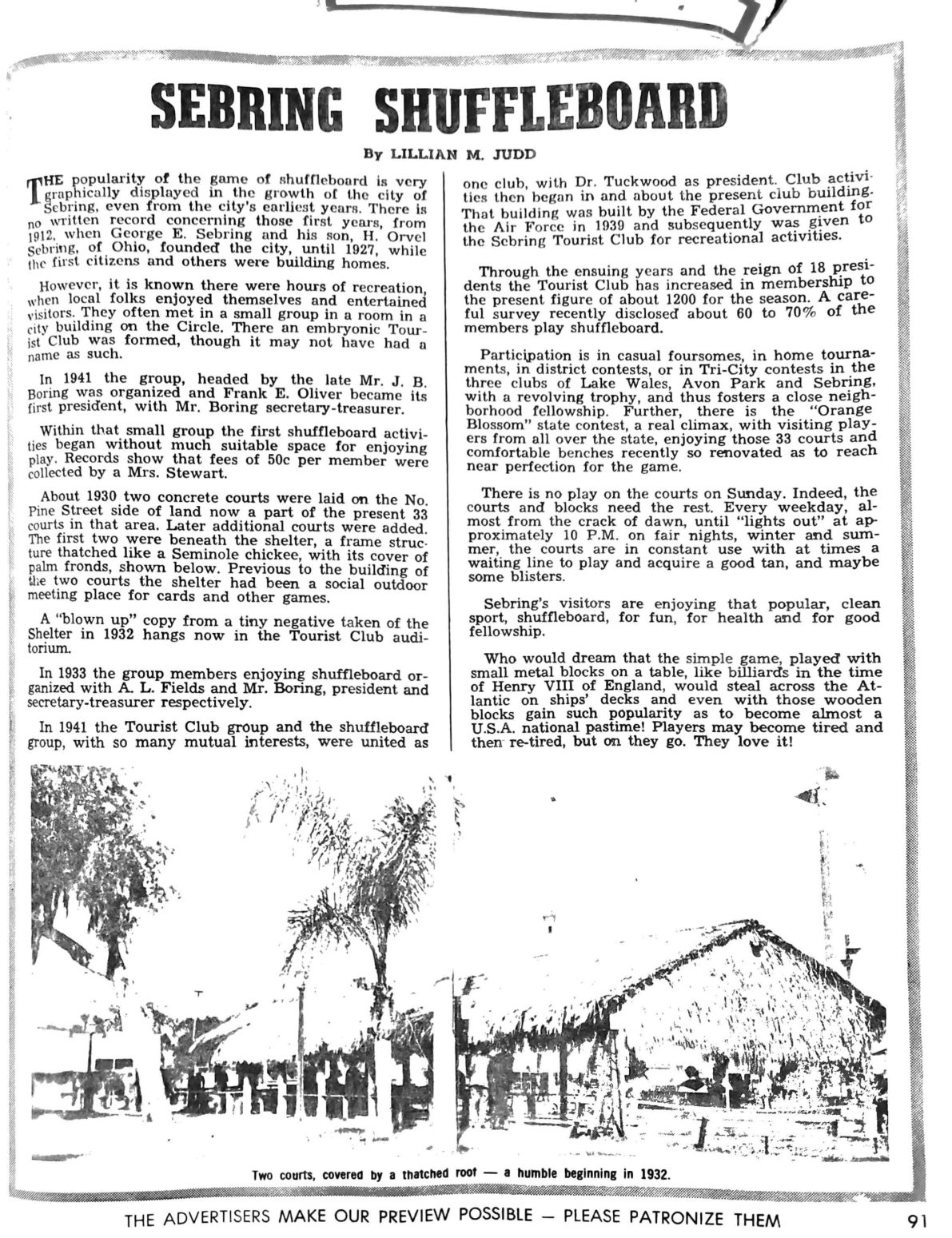 First page of the Preview Magazine article Sebring Shuffleboard