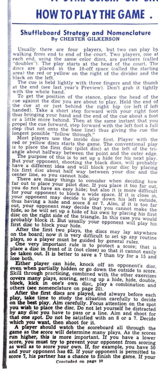 First page of the Preview Magazine article Shuffleboard Strategy and Nomenclature