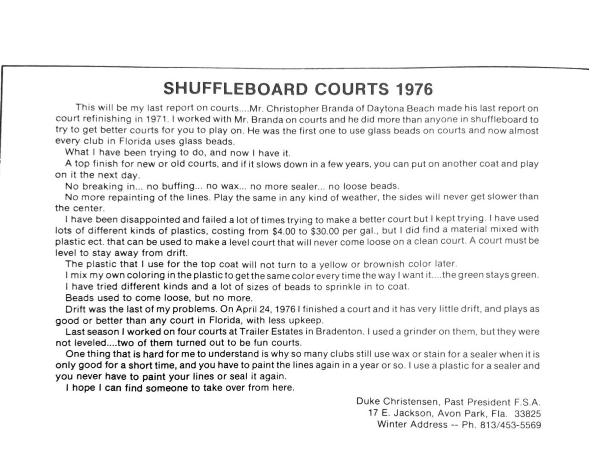 First page of the Preview Magazine article Shuffleboard Courts – 1976