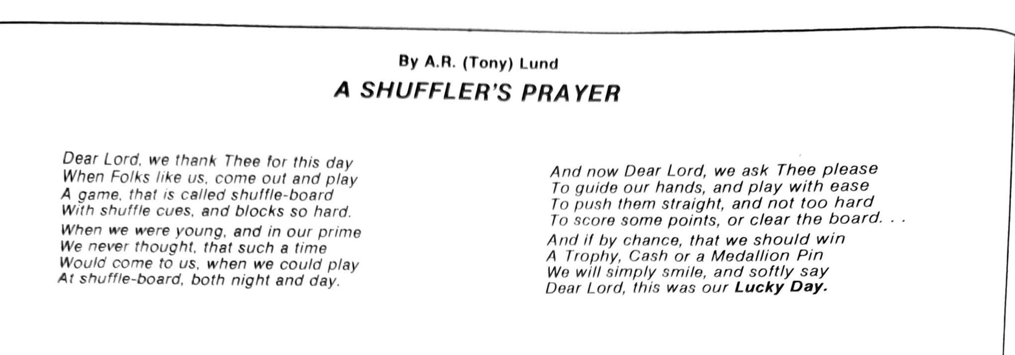 First page of the Preview Magazine article Shufflers Prayer – 1976