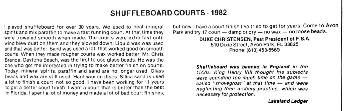 First page of the Preview Magazine article Shuffleboard Courts – 1981