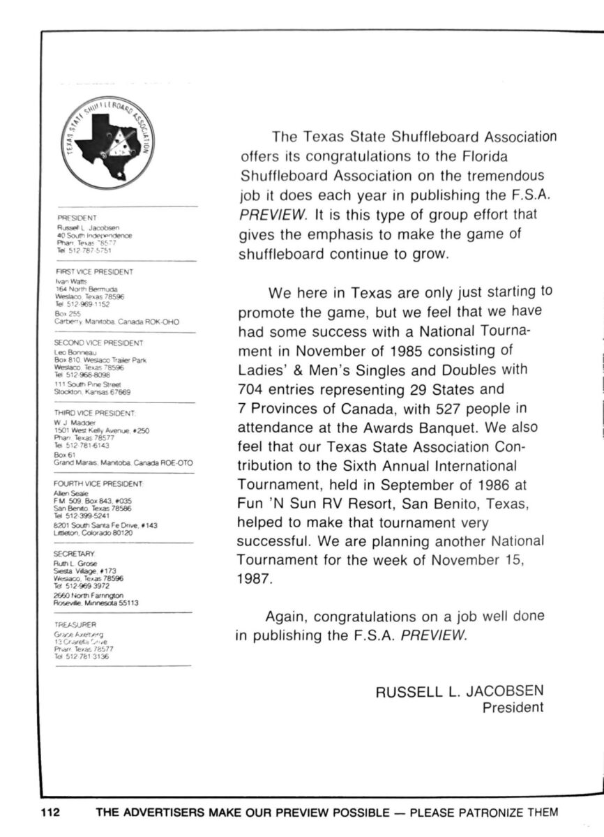 First page of the Preview Magazine article Texas State Shuffleboard Association