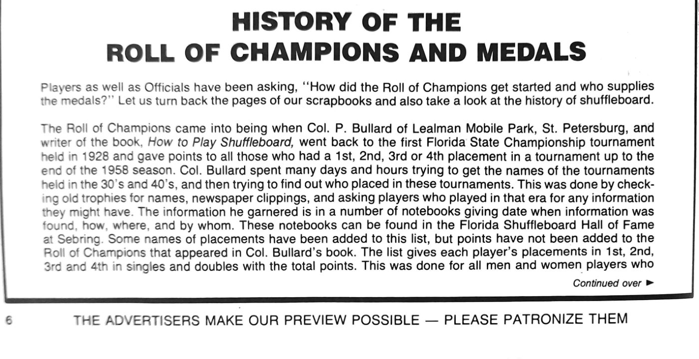 First page of the Preview Magazine article History of Roll of Champions