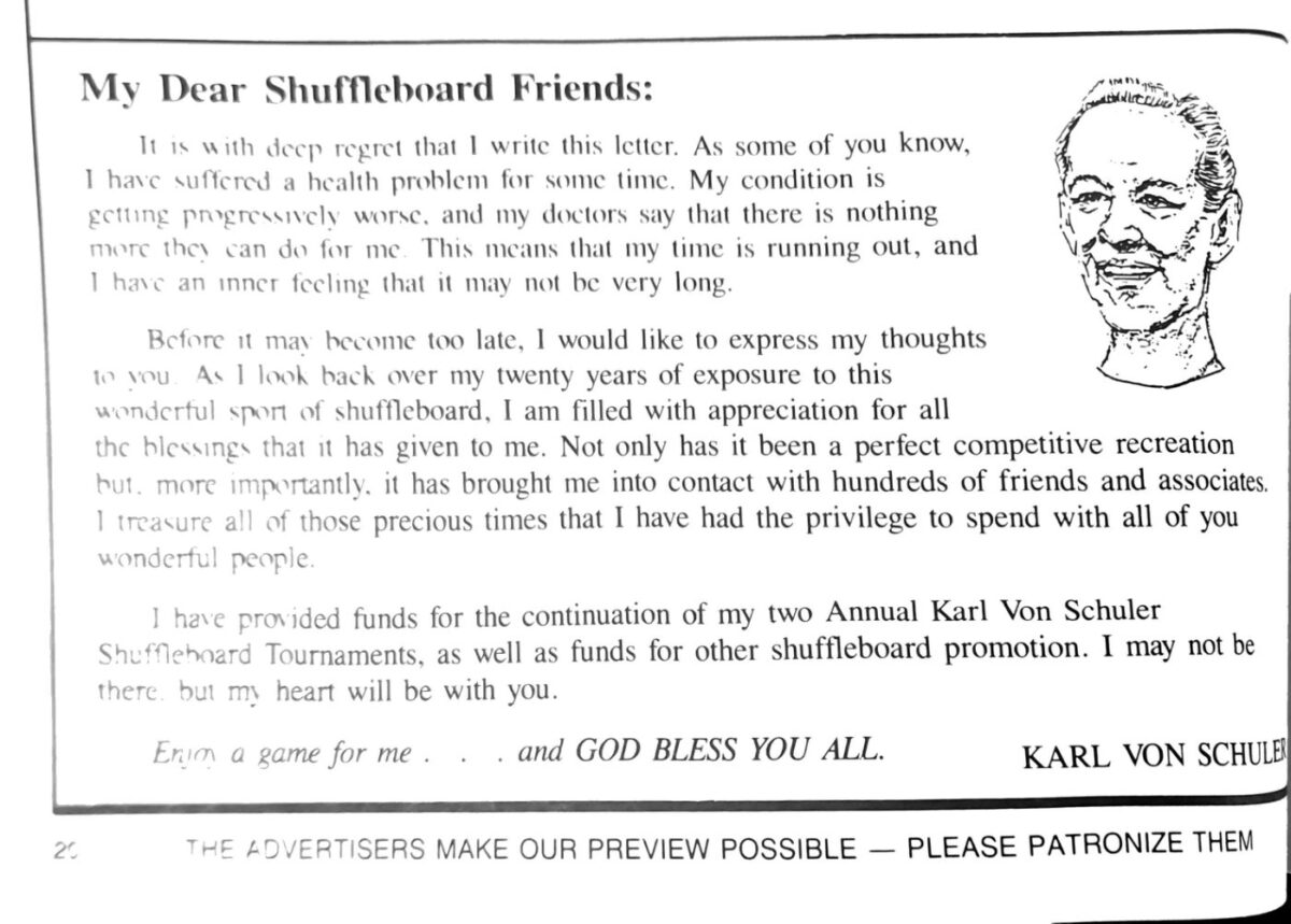 First page of the Preview Magazine article My Dear Shuffleboard Friends