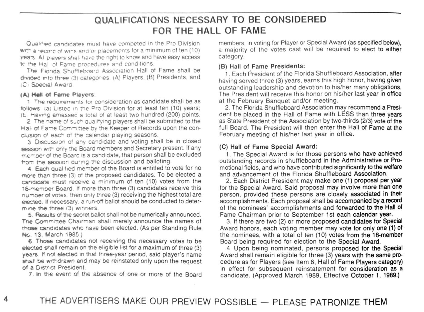 First page of the Preview Magazine article HOF Qualifications