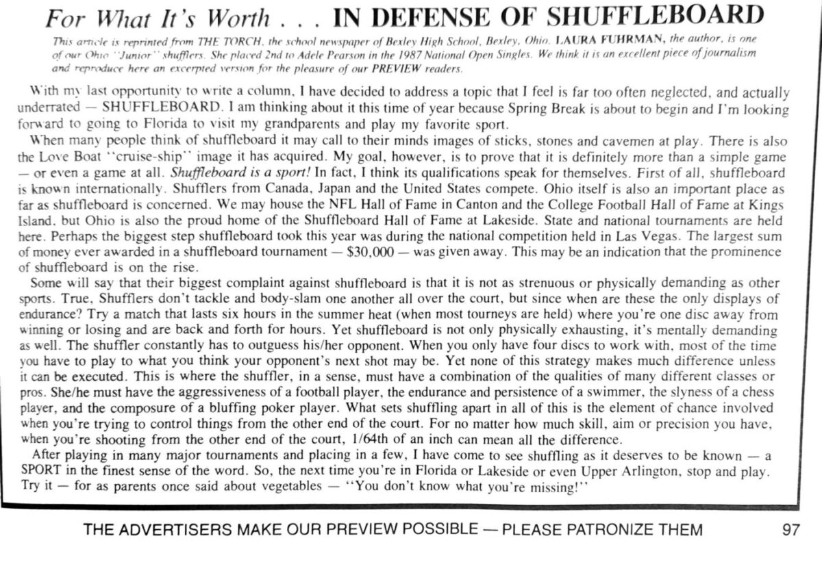 First page of the Preview Magazine article In Defense of Shuffleboard