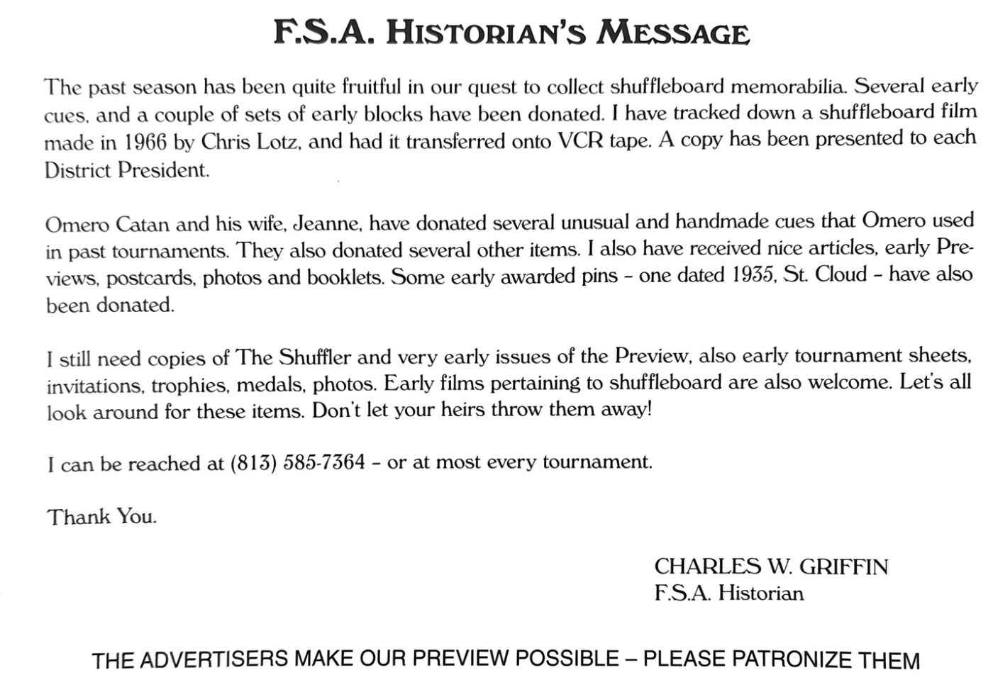 FSA Historian Message