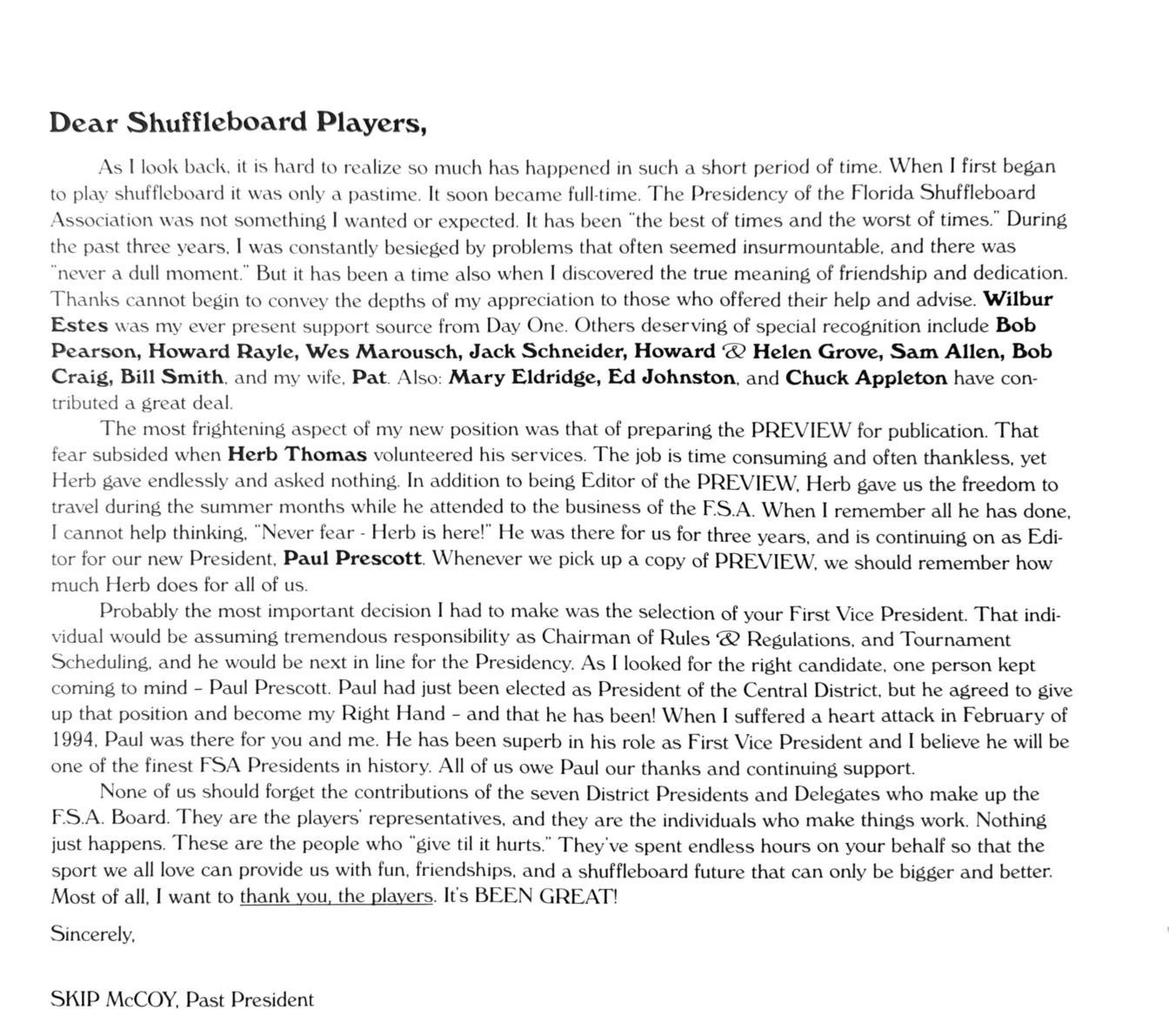 First page of the Preview Magazine article Dear Shuffleboard Players