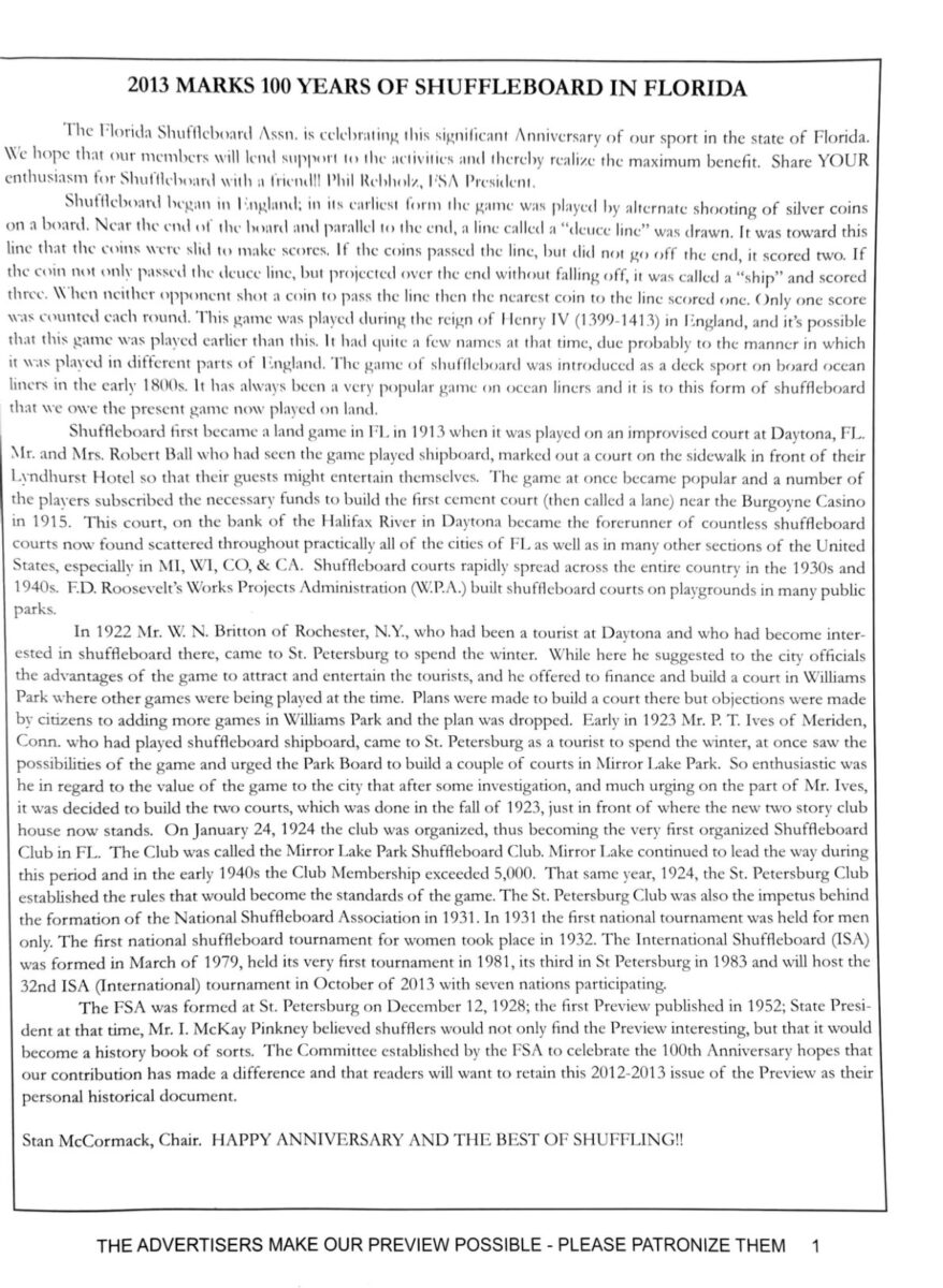 First page of the Preview Magazine article 100 Years of Shuffleboard