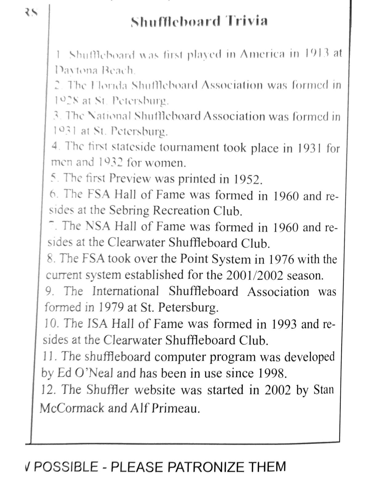 First page of the Preview Magazine article Shuffleboard Trivia