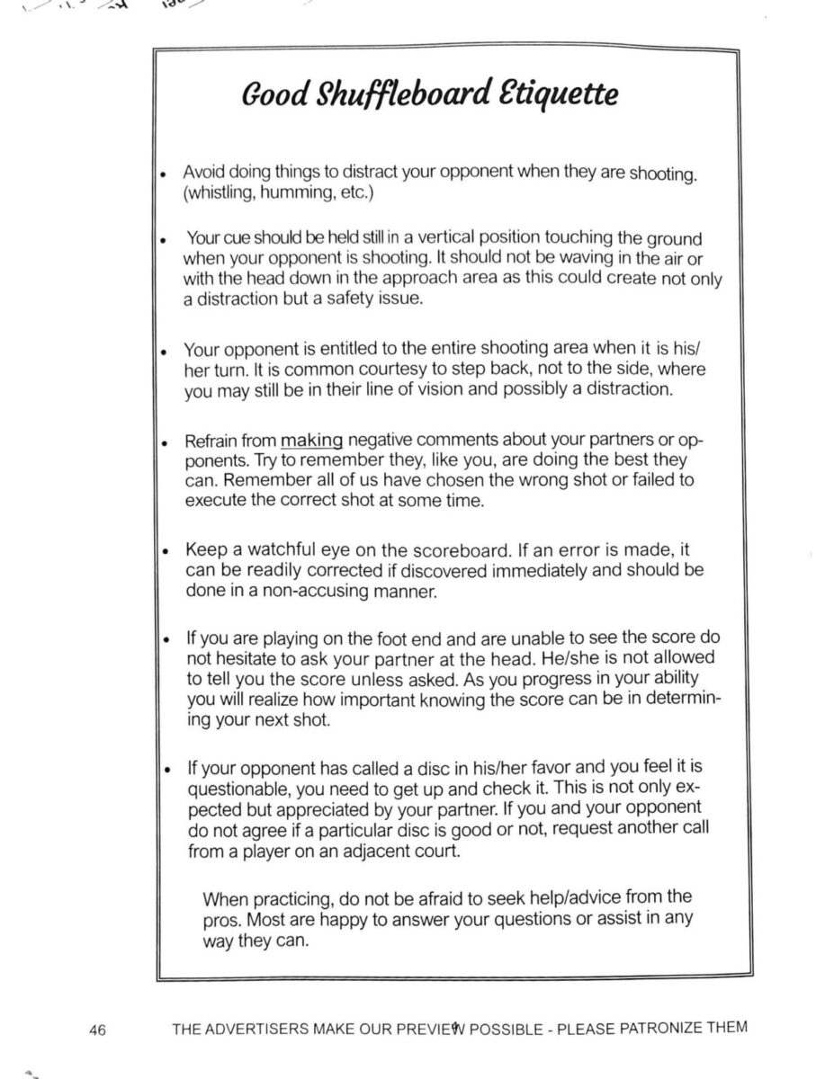 First page of the Preview Magazine article Good Shuffleboard Etiquette